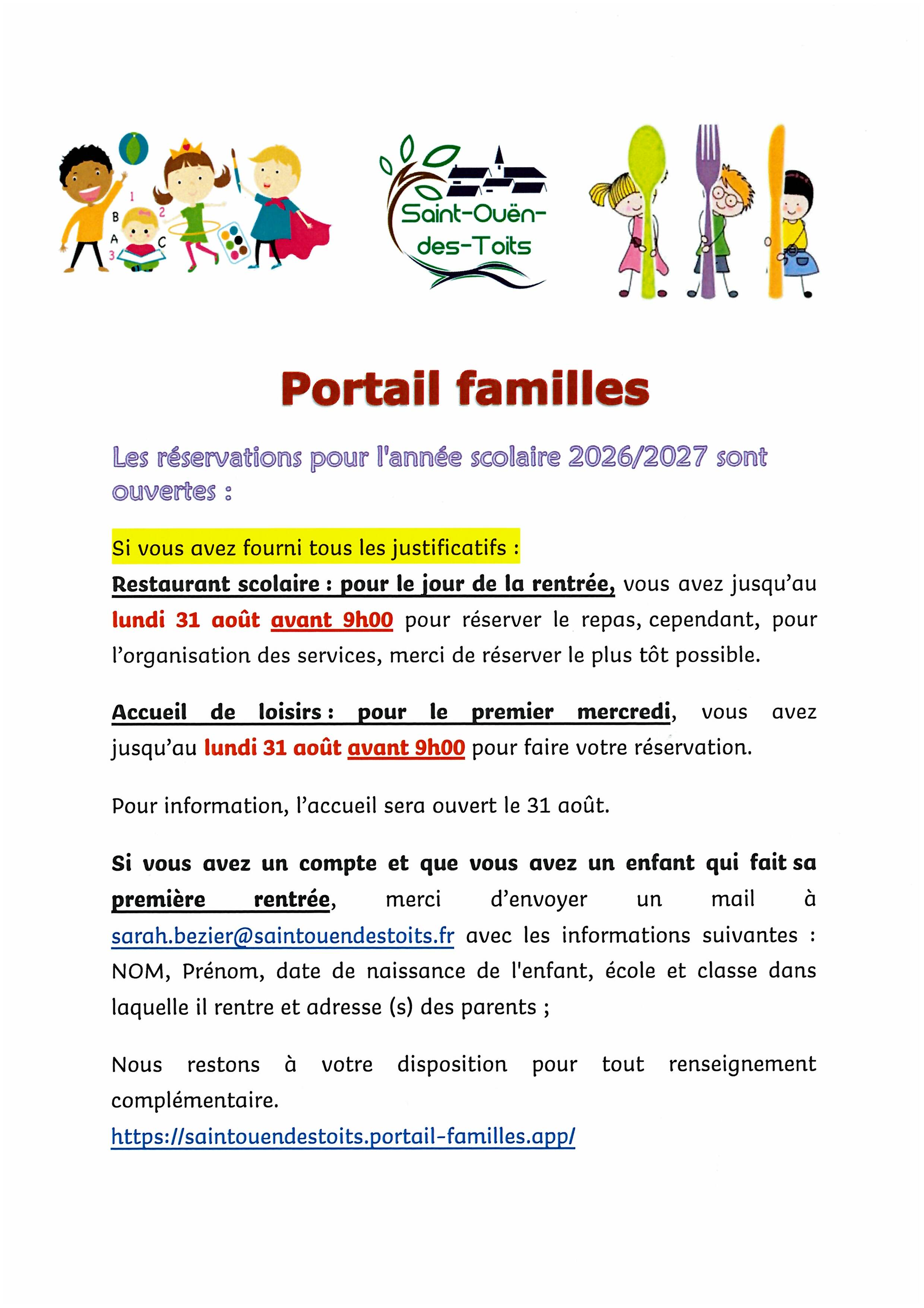 portail familles réservations 2026-2027